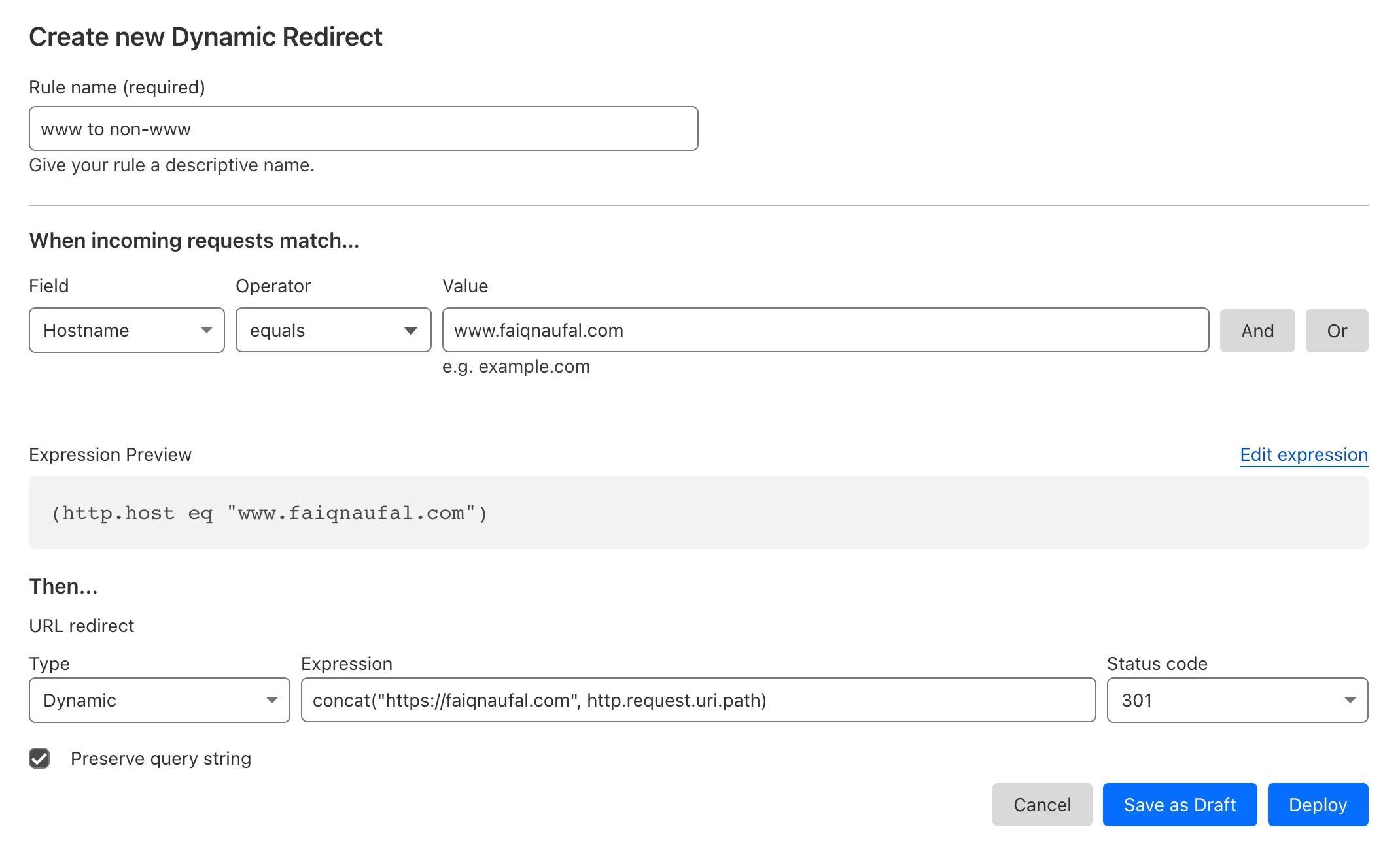 Image of creating a new single redirect rule with dynamic type